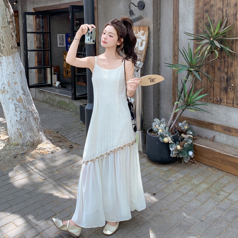 Real shot fashion lace stitching strap dress 2025 new holiday style shell sequins irregular long skirt