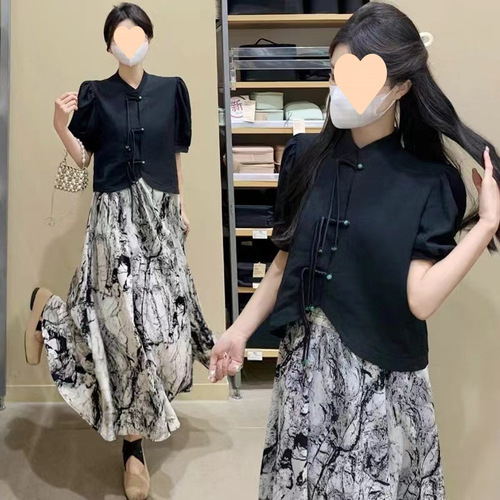Chinese-style set including a short-sleeve, traditional short dress for women, retro, ink-wash summer top, slimming, two-piece set