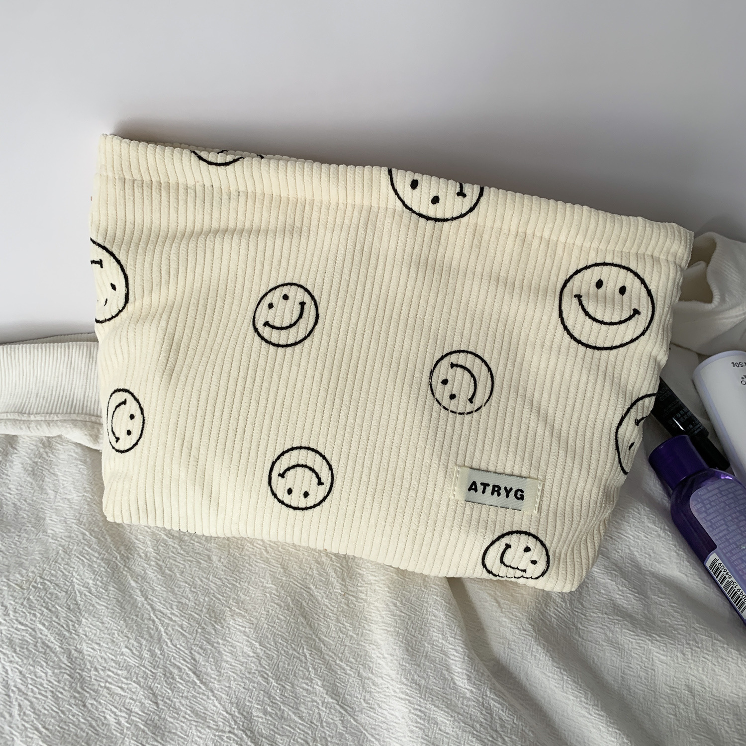 Bolsa de cosméticos de pana de lunares de lona transfronteriza, almacenamiento de cara sonriente, bolso de mano de lavado, llave, billetera móvil, estuche para lápices