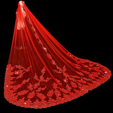 新款红色头纱新娘结婚主婚纱长款拖尾头纱中式婚礼秀禾服红色头纱
