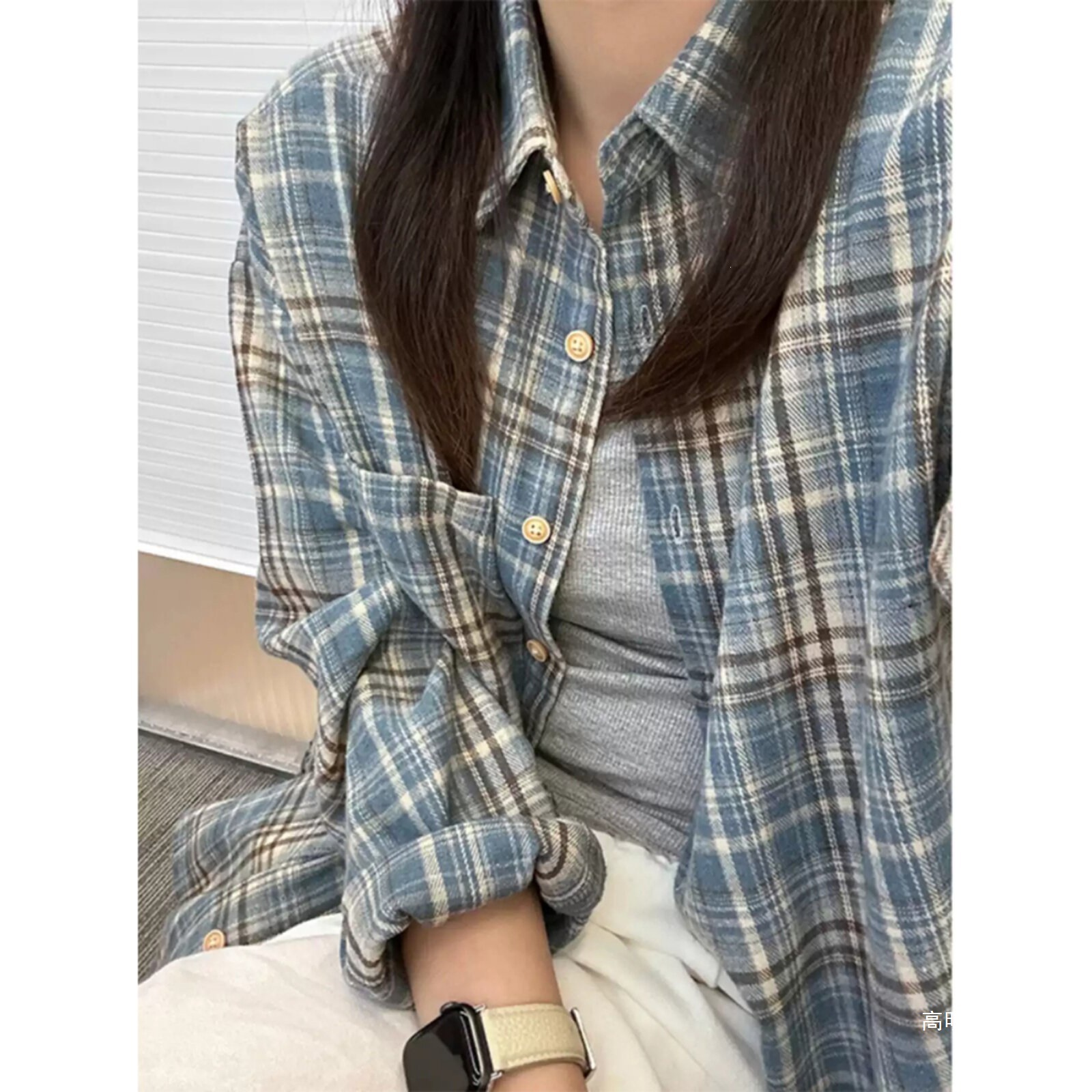 American retro blue plaid shirt for men, autumn style, sophisticated and cool, long-sleeved shirt, loose fit, versatile, couple jacket.