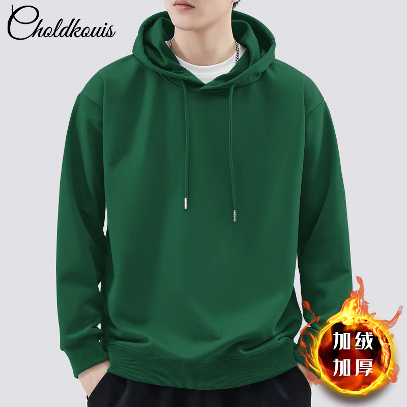 다크그린 후드 스웨트셔츠 플러스 벨벳 스타일 - 솔리드 컬러 [GL]