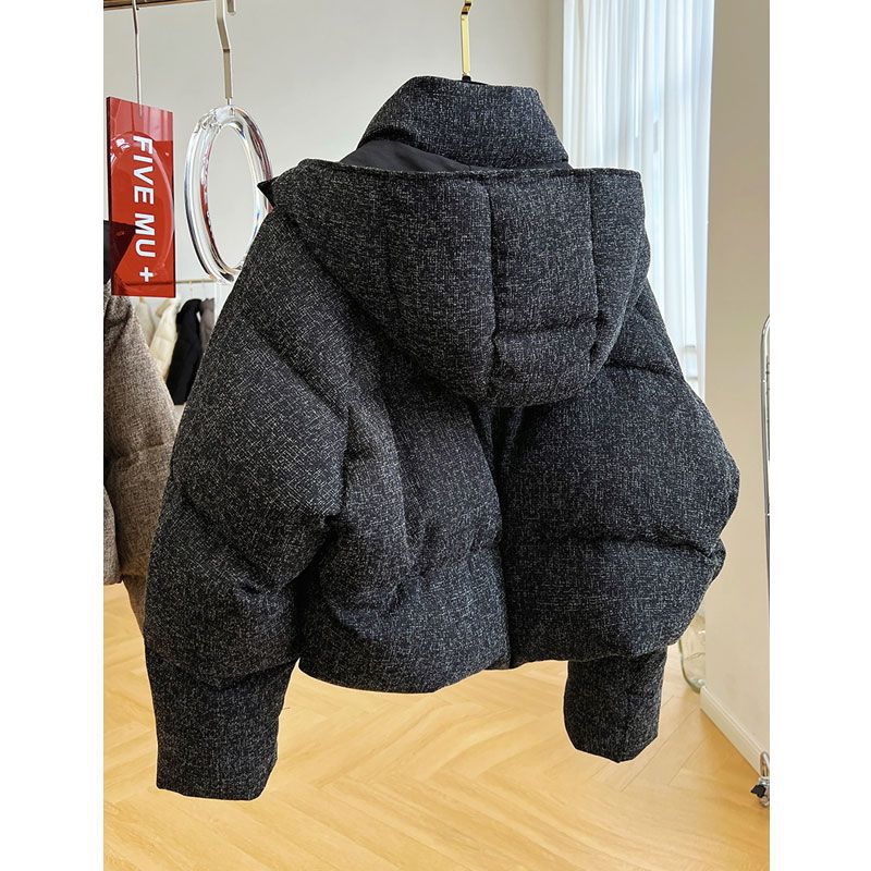 90 White Duck down Hooded Short down Jacket for Women in Winter, Stylish Thickeneded High-End Stand-Up Collar Bread Jacket