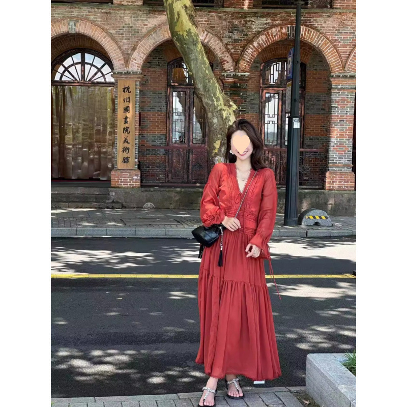 plus size Lengthened French Style Elegant Retro Red dress Collar Strap Lace Lantern Sleeve Slim Look Long Dress
