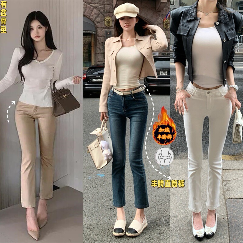 Thin Velvet 3-Color Jeans with Built-In Crotch Pads, Korean Style Retro High-Waisted Cigarette Straight Nine-Point Jeans, Versatile and Slimming Thin Velvet 3-Color Jeans with Built-In Crotch Pads, Korean Style Retro High-Waisted Cigarette Straight Nine-Point Jeans, Versatile and Slimming