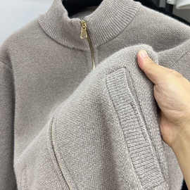 跨境开衫立领拉链秋冬季加绒加厚毛衣纯色男装针织衫外套黑色米热