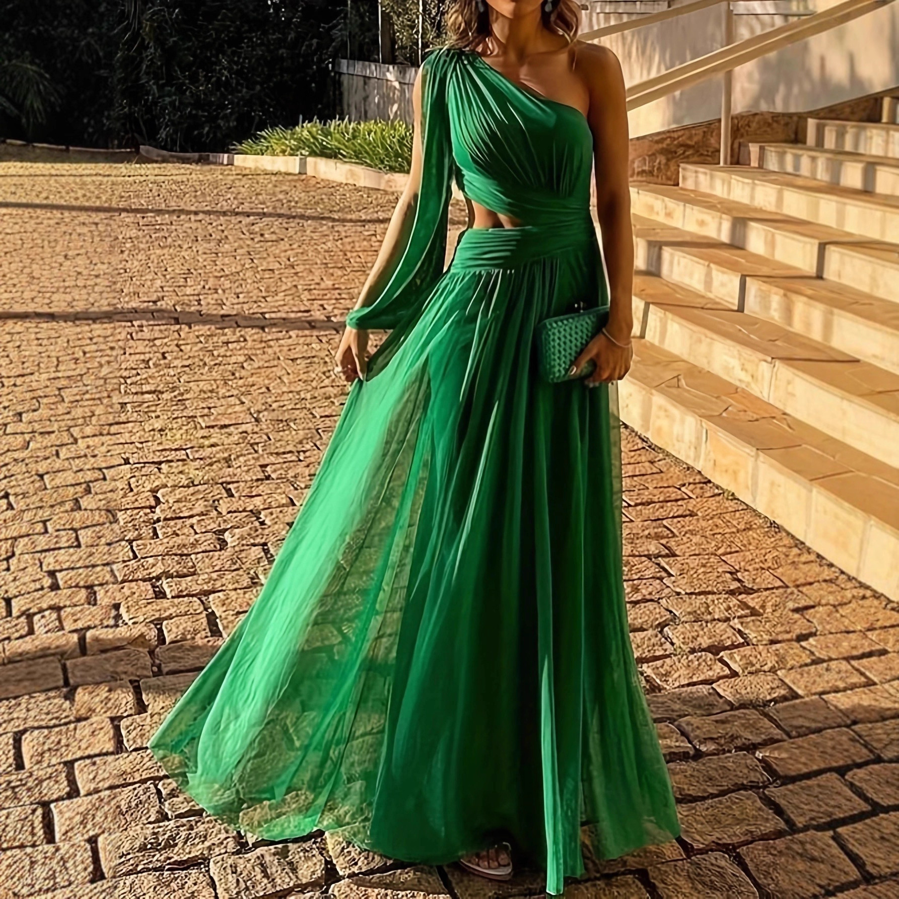 Comercio exterior transfronterizo de las nuevas mujeres vestido de talla grande vestido fuera del hombro vestido delgado vestido largo de color sólido Nuevo