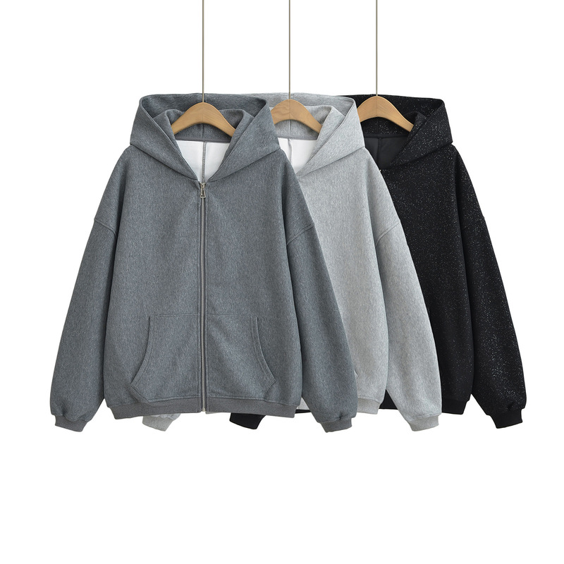 DO2432-24 Summer New American Style Stars Hot Silver Outgoing Casual Zipper Loose Hooded Cardigan Sweater DO2432-24 Summer New American Style Stars Hot Silver Outgoing Casual Zipper Loose Hooded Cardigan Sweater