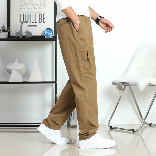 Pure Cotton Casual Pants Men's Thin Work Pants Men with Multiple Pockets Loose Straight Leg Large Size Outdoor Long Pants