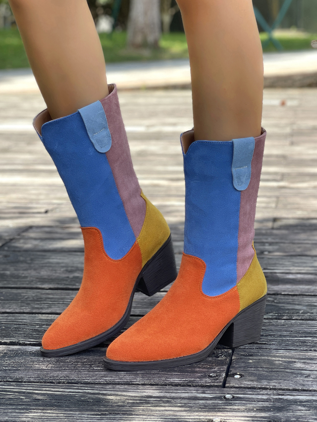 Women's Cowboy Boots Colour Blocked Pointed Toe Mid Heel Western_voghion.com