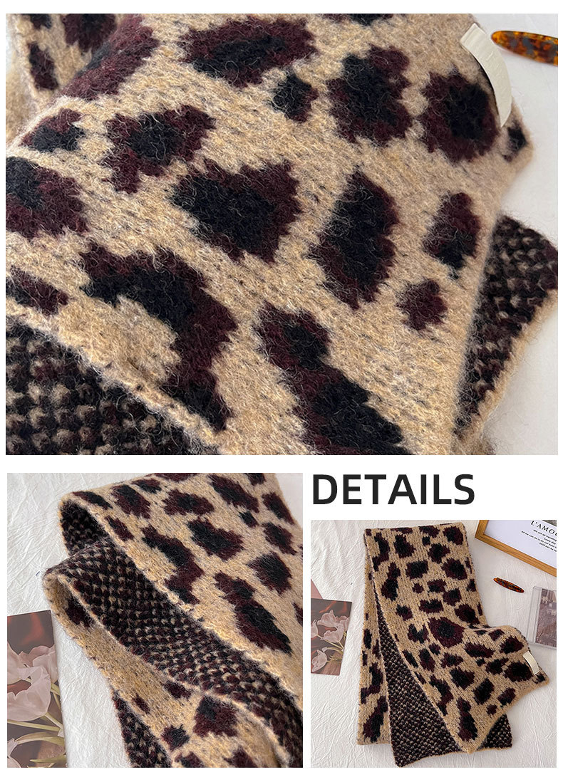 Écharpe tricotée à imprimé léopard classique et tendance pour femme, style millénaire, style Spice Girl, polyvalente, décorative et chaude_voghion.com