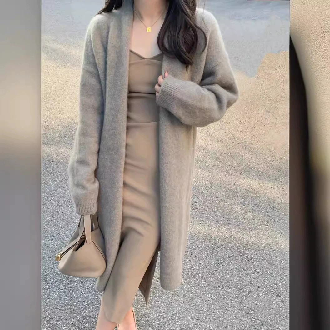 Пальто в Корейском стиле в ленивом стиле, женский удобный и индивидуальный модный вязаный кардиган, свободный свитер средней длины, осень и зима