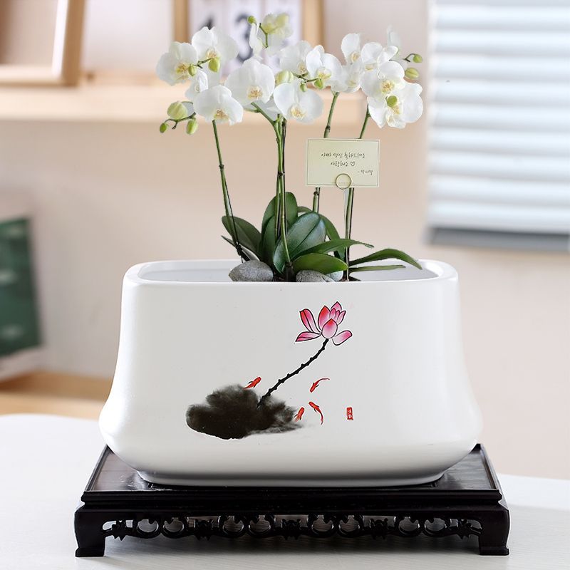 長方形花盆陶瓷帶托盤大號多肉花盆家用方形長條盆景盆一件代發