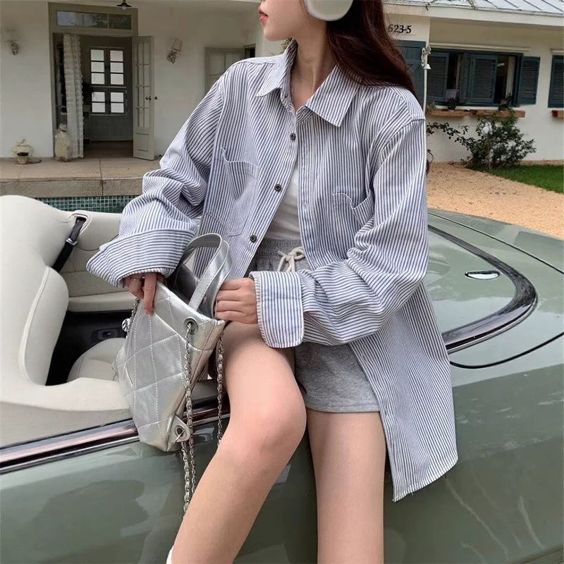 Japanese Retro Workwear Shirt for Men and Women, Japanese-Style Amekaji Couple's Top, Colorful Striped Loose Long-Sleeve Shirt