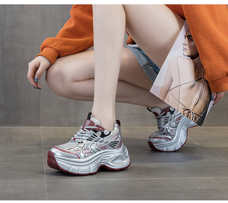 Giày sneaker chunky đế dày độn cao bên trong nữ phong cách thể thao thời trang mùa hè 2025 — M2832 màu đỏ, M2832 màu be, M2832 màu bạc chi tiết 18