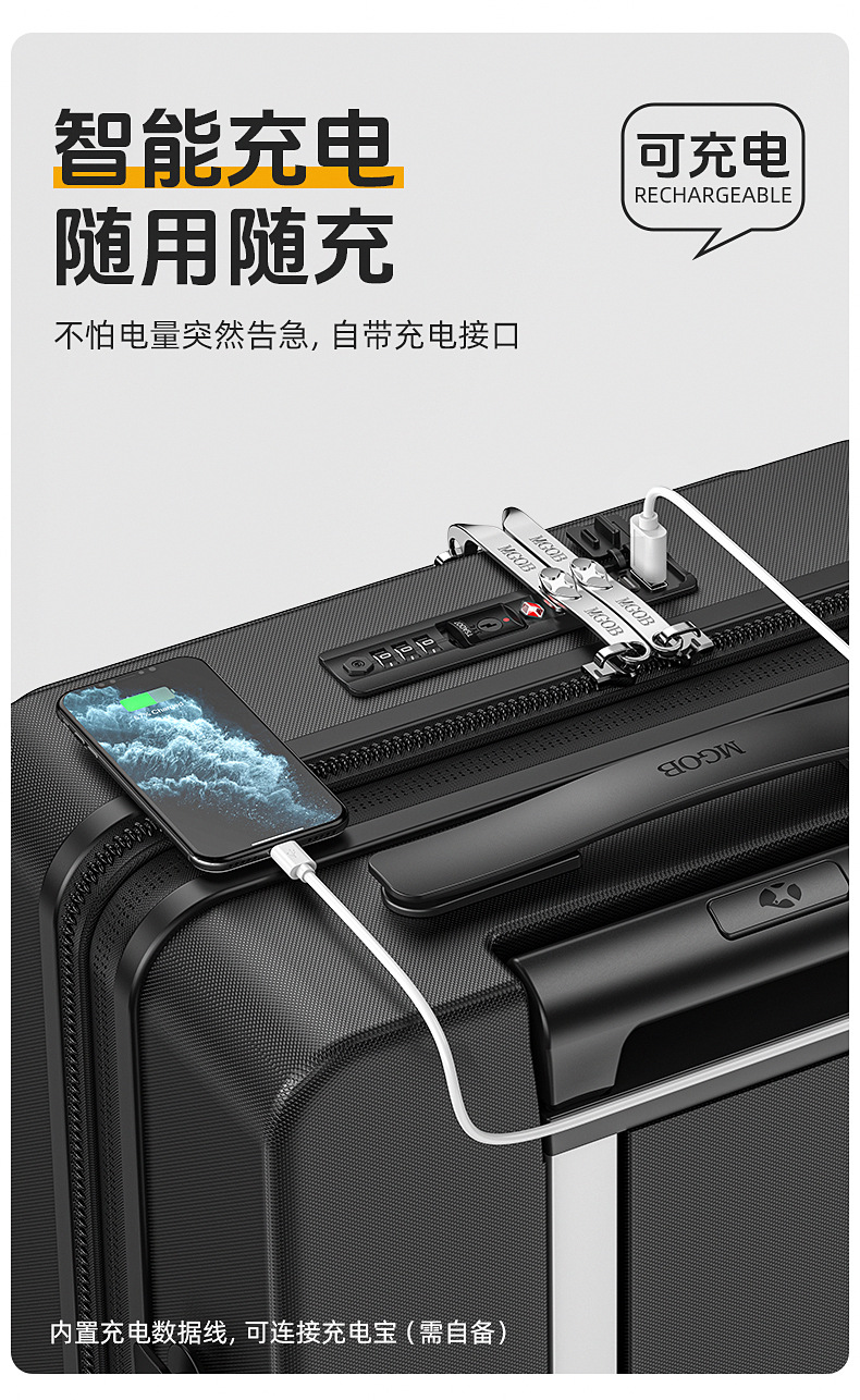 Vali nhựa PC 20 inch mở nắp trước, bánh xe êm, đa năng cho doanh nhân — Cửa trước 20 inch có cổng sạc và lớp mở rộng màu đen chi tiết 8