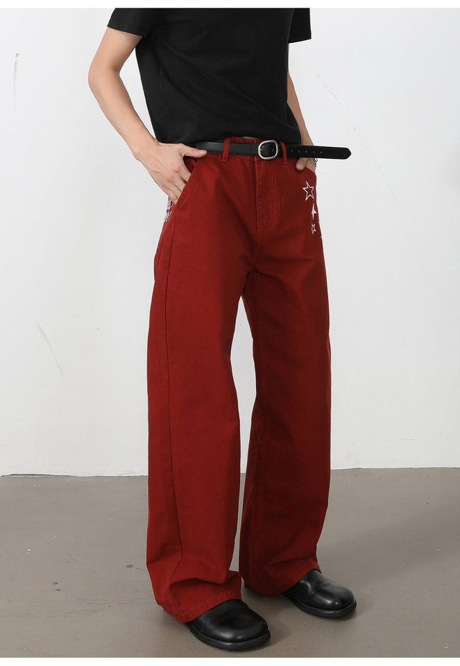 Quần dài nam ống rộng lưng trung in họa tiết ngôi sao Mỹ, form suông thoải mái — Xanh da trờicolor, màu kaki, màu xám, màu đỏ chi tiết 20