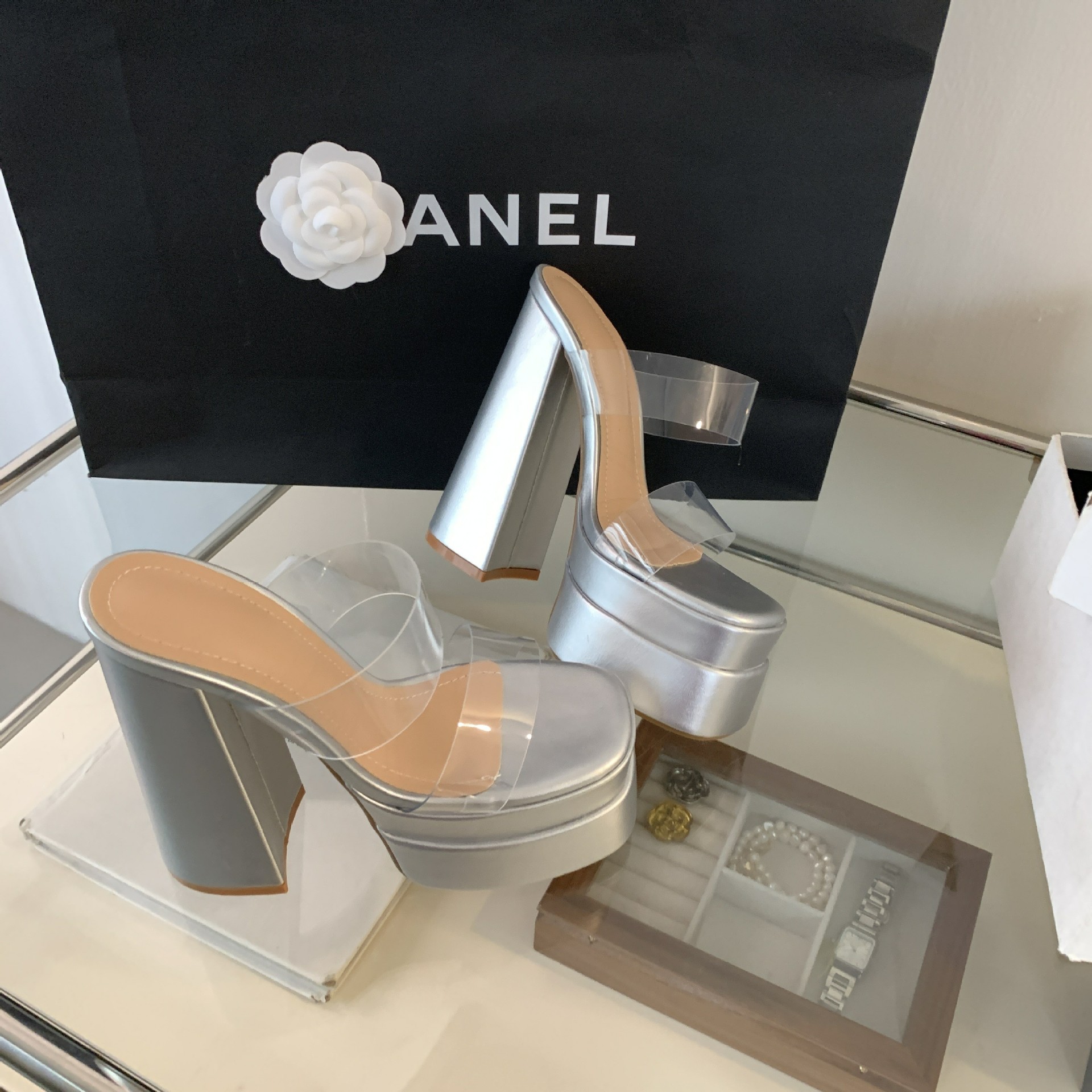 Sandal cao gót nữ hở mũi đế dày trong suốt đính đá rhinestone gót 15 cm — Màu đen chi tiết 10