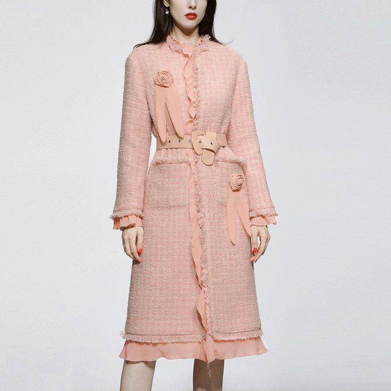 Autumn and Winter Women's New Pink Slim-fit Tweed Coat Vintage Thickened Wool Coat Women