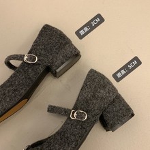 法式高级感灰色粗跟高跟方头水钻呢子加绒女秋冬季浅口玛丽珍鞋子