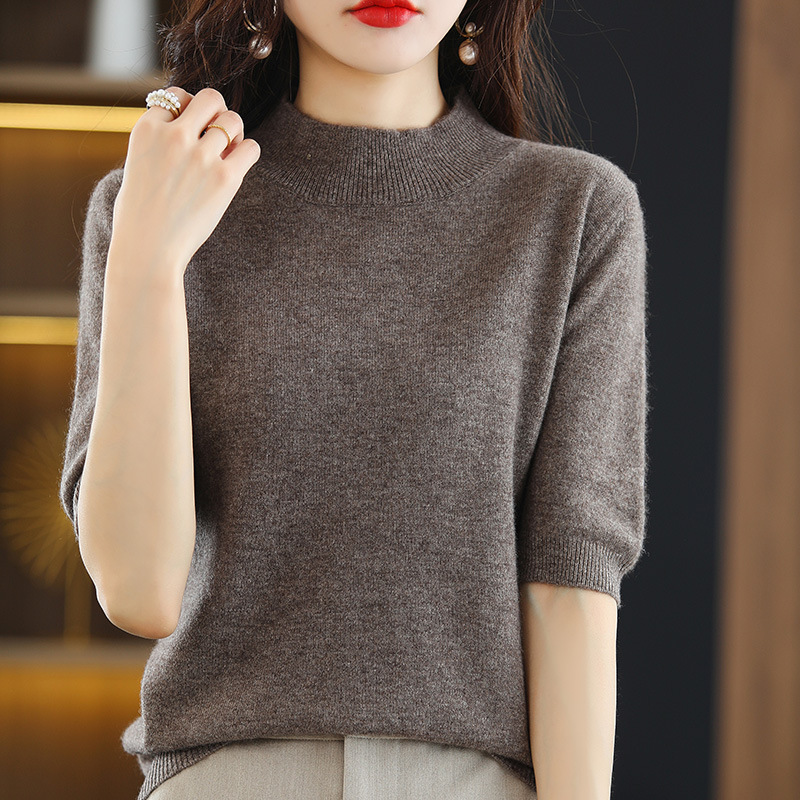 2026 Summer Short-Sleeve T-Shirt for Women, Half-High Collar, Versatile Summer Mid-Sleeve Top, Solid Color Knitted Base Shirt, Thin Top 2026 Summer Short-Sleeve T-Shirt for Women, Half-High Collar, Versatile Summer Mid-Sleeve Top, Solid Color Knitted Base Shirt, Thin Top