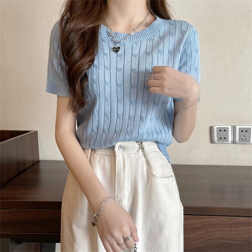 Retro round neck short sleeve t-shirt sweater women's thin 2024 summer design slim short student top
