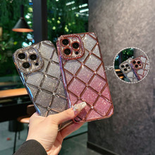 适用iPhone16promax菱格镶钻电镀手机壳苹果15带渐变闪粉全包护套