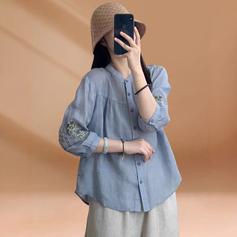 Cotton Linen Shirt Women's Spring and Summer High-end Quality Heavy Industry Embroidered Shirt Loose Belly Covering Seven-sleeve Top