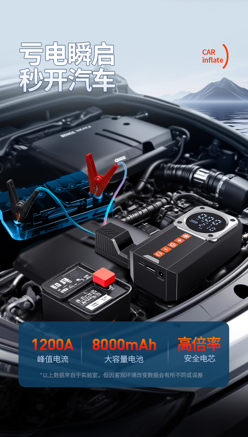 Tire Inflator and Emergency Jump Starter All-In-One Device 12V Car Battery Booster and Power Bank