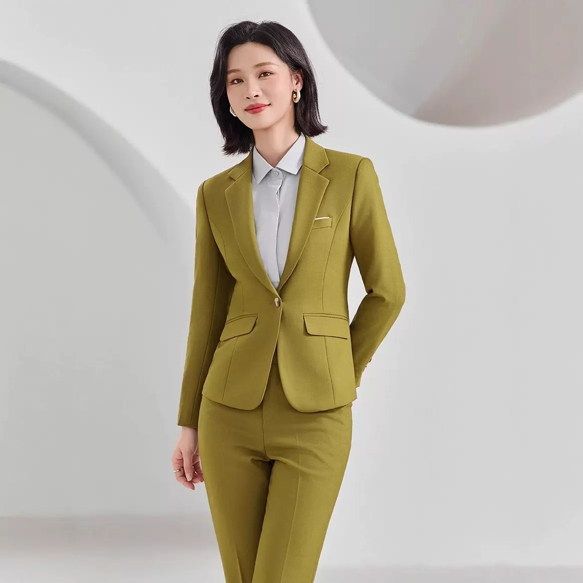 深黄色职业装企业会议工作服女同款西服面试装商务4S店西装套装