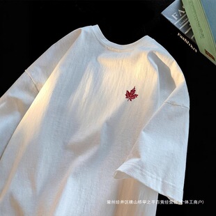 Embroidered Heavy Cotton Short-Sleeve T-Shirt for Men, Trendy Brand Ins Loose American Maple Leaf Embroidered T-Shirt Top
