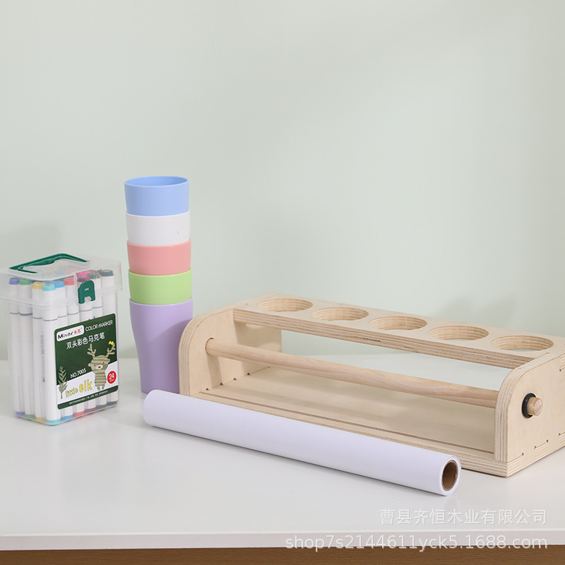 Wooden children's table storage system, scroll, drawing paper, pens holder for boys and girls, set, graffiti 4