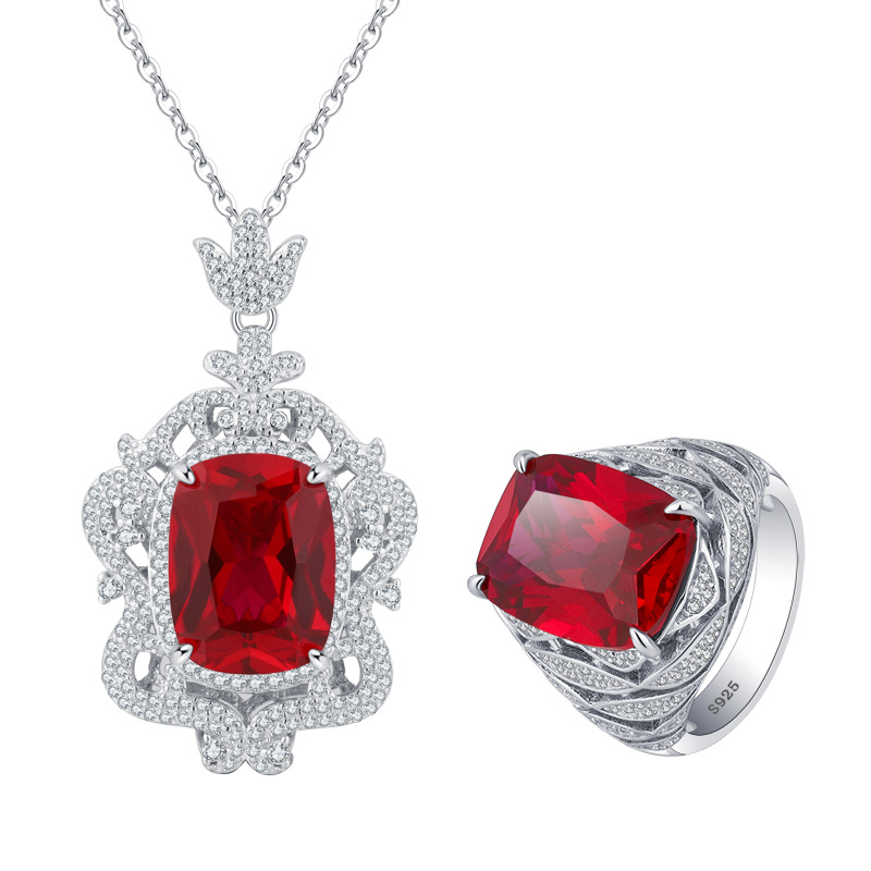 Zhuang Sheng joyería nueva S925 todo el cuerpo de plata traje de simulación de color tesoro corindón avanzado retro traje femenino 12*16