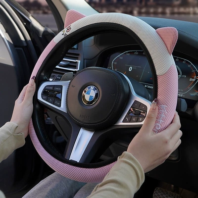 In-stock elastic steering wheel cover, suitable for all seasons, with three-dimensional cat ear embroidery, non-slip, sweat-absorbent, and breathable (Steering wheel cover) - elastic-embroidery-in-pink-and-white-36-39cm