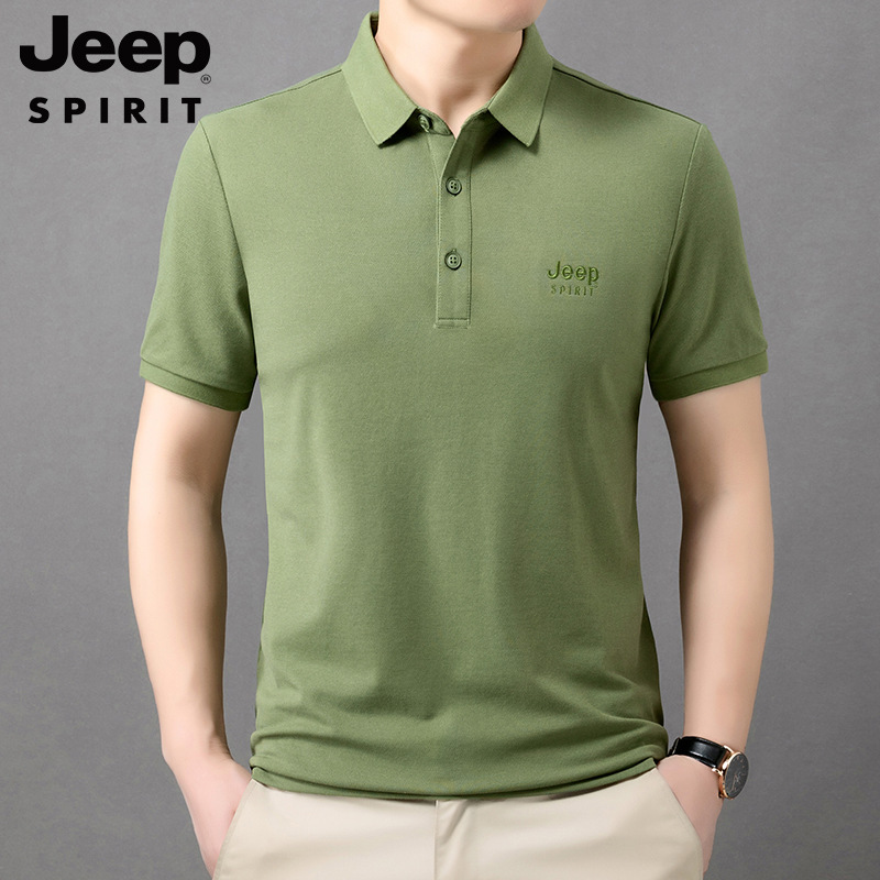 JEEP SPIRIT Men's Summer New Business Short-Sleeve Polo Shirt, Solid Color, Piqué Cotton, Turn-Down Collar, Loose Fit T-Shirt