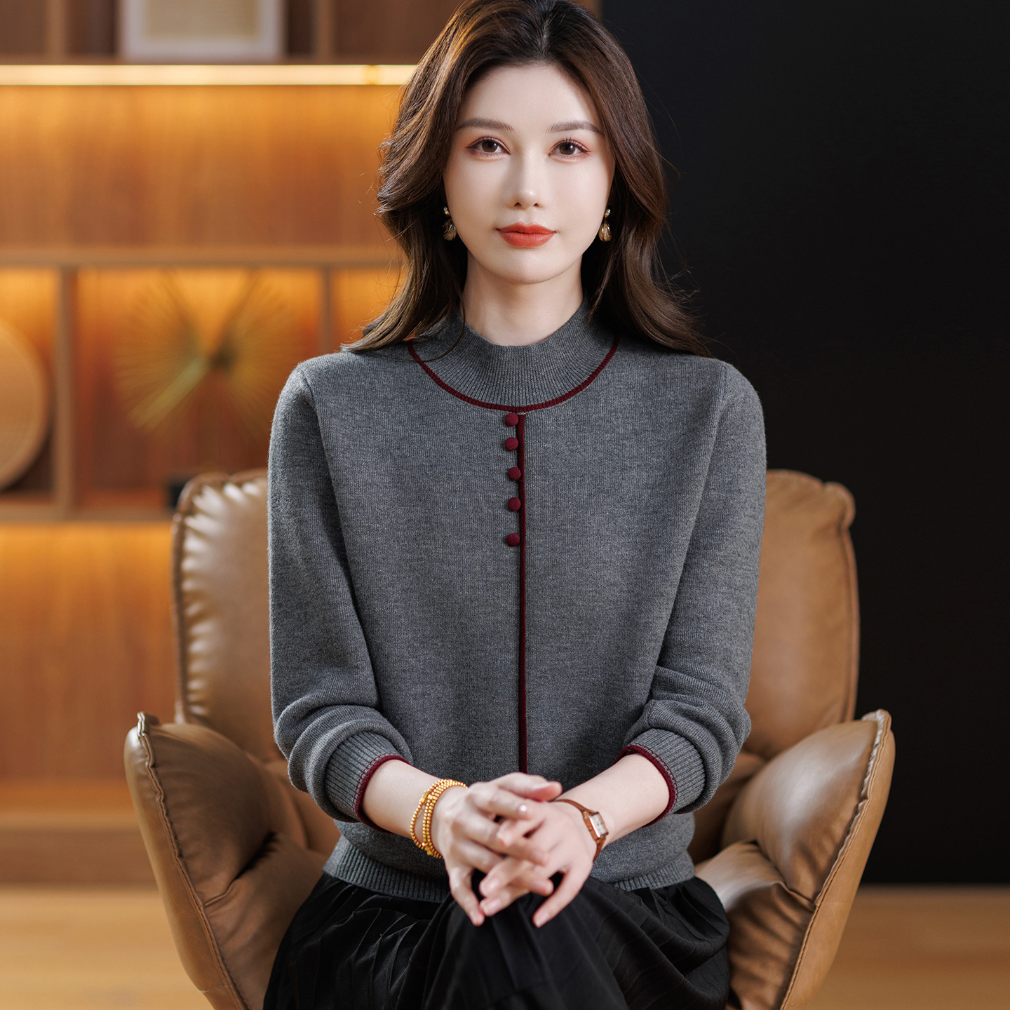 秋冬新款半高领针织衫打底高级毛衣中年秋冬女装大码宽松妈妈内搭，女装针织衫/毛衣，妃慕昵服饰