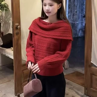 红色一字肩毛衣女2026新款套头针织衫慵懒高级感内搭上衣保暖长袖