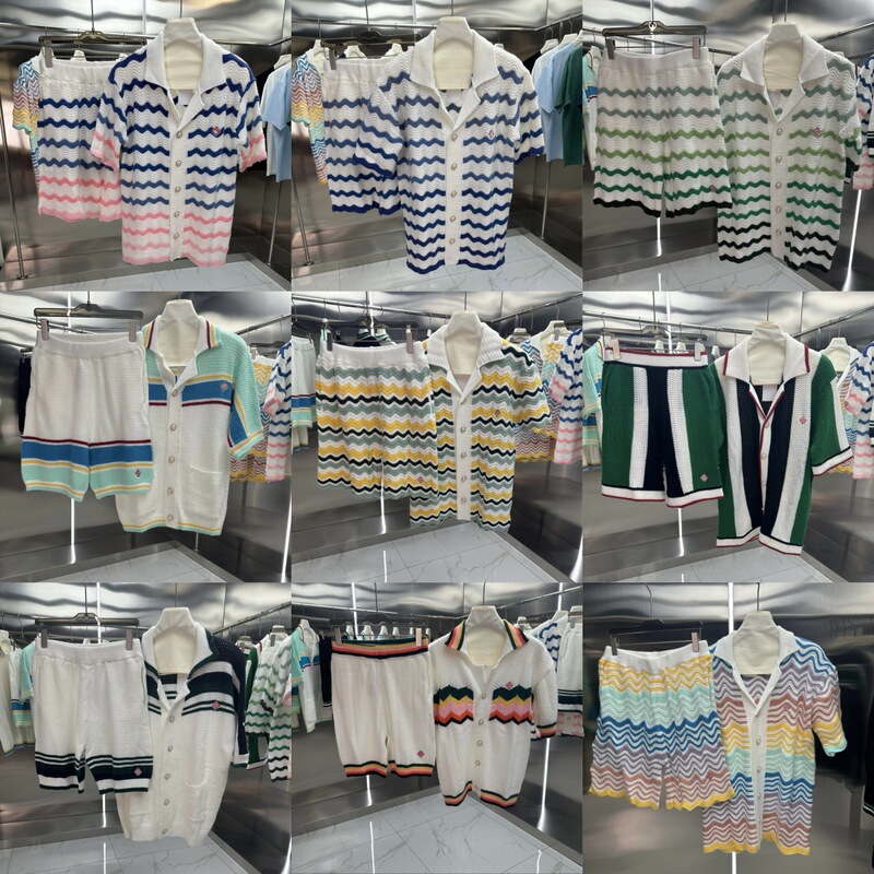 Cross-Border Casa Men's Casual Suit Knitted Wool Sweater Short-Sleeved Shorts Cut Out Waves Same Style for Men and Women