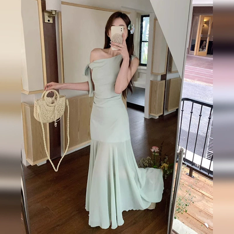Женское летнее платье 2025 года, французский стиль, с открытым плечом, полупрозрачное, элегантное, облегающее, силуэт "русалка", длинное.