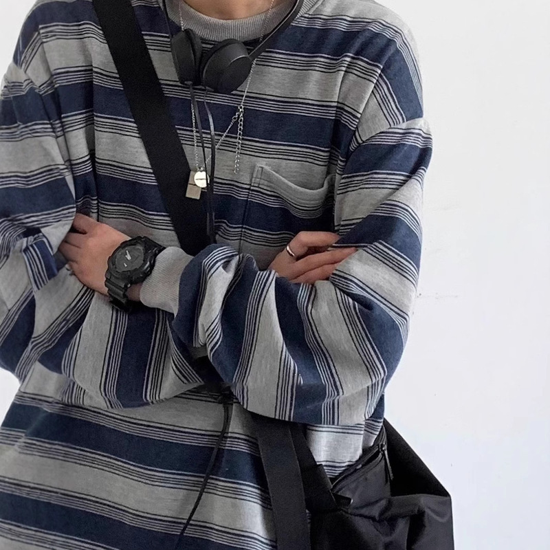 Spring Washed Dressed Long Sleeve T-Shirt Haigoui Shirt for Boys and Girls Couple Round Neck Base Shirt Striped Tooling Sweater Trendy Spring Washed Dressed Long Sleeve T-Shirt Haigoui Shirt for Boys and Girls Couple Round Neck Base Shirt Striped Tooling Sweater Trendy
