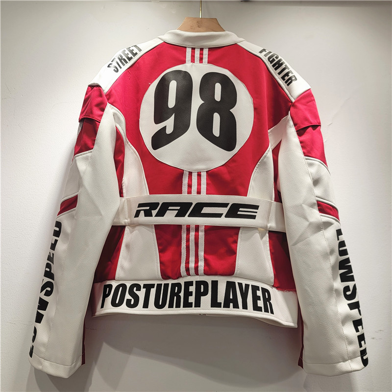 Cool and handsome callejera pesada nicho de diseño de bordado de contorno de color contrastante empalme de piel personalidad chaqueta de carreras para mujeres
