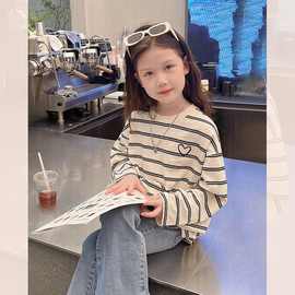 女童秋款T恤长袖条纹春秋2024新款洋气秋简约卫衣儿童秋装打底衫