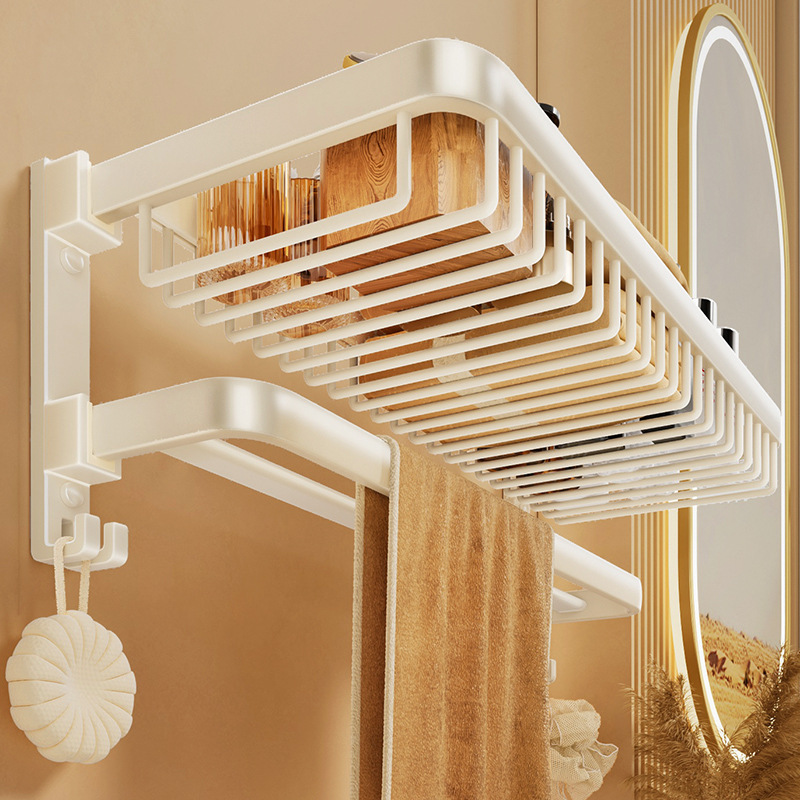 有顾奶油风毛巾杆奶白色浴巾架可折叠卫生间置物架轻奢浴室收纳架