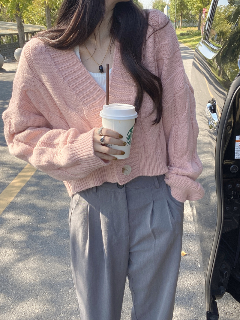 短款麻花毛衣外套女 韩版纯色大码针织开衫慵懒风v领小个子上衣潮