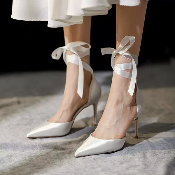 2026 New Style White Pointed-Toe Strappy High-Heeled Shoes for Women, Fashionable Ribbon Thin-Heeled French-Style Single Shoes, Bridesmaid Wedding Shoes