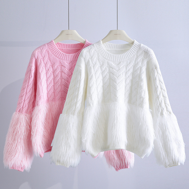 Pull ample de niche de conception de vêtements pour femmes, pull en vison avec haut à pompon, pull en tricot torsadé_voghion.com