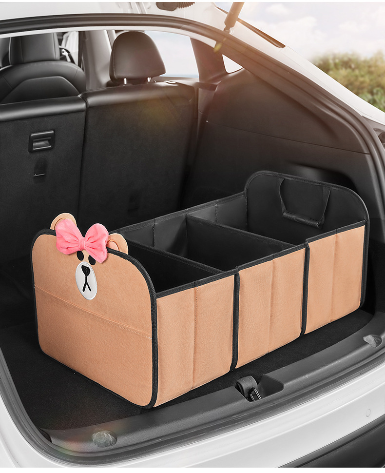 Line Brown Car Trunk Storage Box Cartoon Multi-Functional Folding Storage Box Large Capacity Car Storage Box