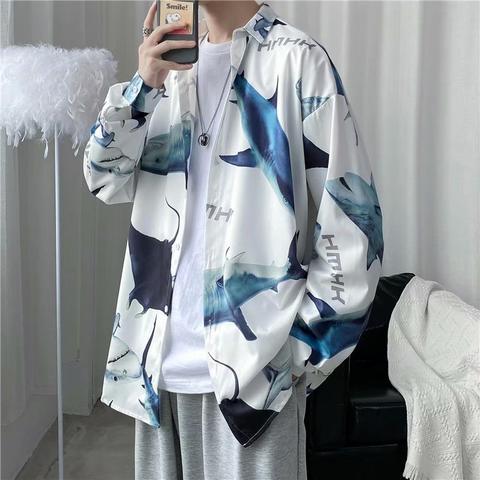 Batik-Druckhemd, langärmliges Herrenoberteil in koreanischer Version mit lockerem Drapierung, leichter, reifer Stil für Frühling und Herbst_voghion.com