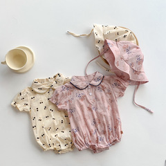 ins Korean version of new summer baby baby clothes, girls' fashionable floral cherry short-sleeved one-piece harem with free hat