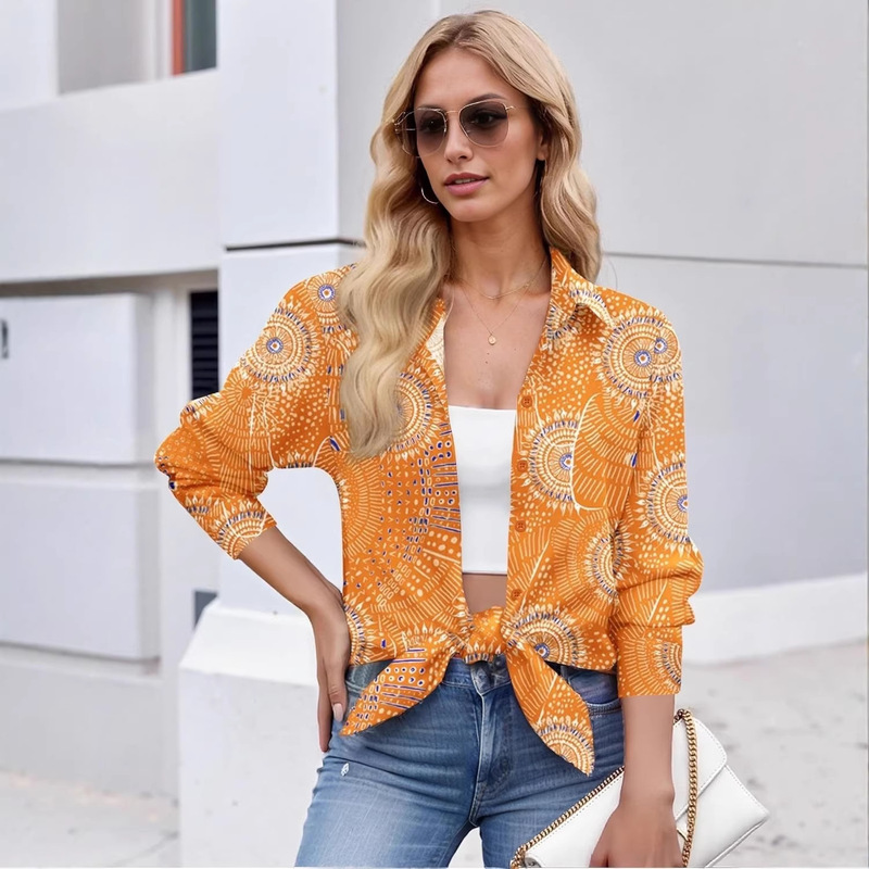 Cross-Border Amazon European and American Women's Bohemian Style Printed Shirt Loose Long-Sleeved Casual Top with Lapels